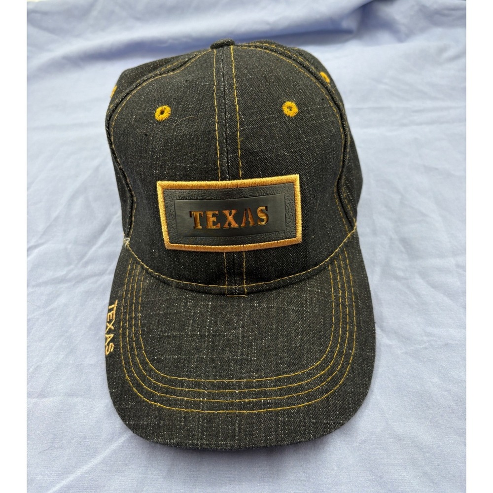 Texas Denim Baseball Hat Gold Contrast Stitching Faux Leather Patch Souvenir Cap